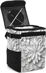 Car Trash Can with Lid,Bag Hanging Storage Pockets Leak-Proof,Portable Garbage Bin,White Plant Floral Pattern