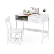 Costway Table & Chair Set Wooden Study Desk Set w/Storage Drawer Student Writing Desk Set White