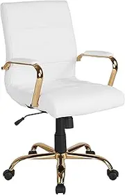 Flash Furniture Mid-Back White Leather Executive Swivel Chair with Gold Frame and Arms