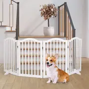 Wooden Pet Gate Dog Fence Safety Stair Barrier Security Door 4 Panels White, Cat Dog Wooden Fence with Narrow Gaps, Fold Easily for Storage Pet Playpen