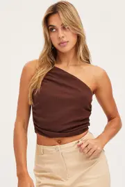 Brown Singlet Top One Shoulder - Size S, Women's Singlet
