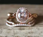2.0Ct Oval Cut Simulated Peach Morganite Bridal Ring Set 925 Silver Gold Plated