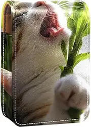 Travel Lipstick Organizer Case,Lipstick Case Portable Makeup Bag with Mirror,Cat Leaves Grass