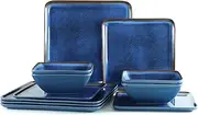 [Golonger] Square Melamine Dinnerware Set of 12pcs, Blue Dish Set for 4,Unbreakable Plate and Bowl Set, Lightweight, Dishwasher Safe and BPA Free,Suit for RV,Camping
