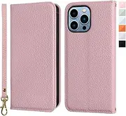 NanHou iPhone 13Pro Max Case Microfiber Leather RFID Blocking Wallet Magnetic Closure Kickstand Wrist Strap Card Holder Shockproof Flip Cover - Pink