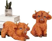 Highland Cow Figurines | Rustic Resin Cow Decor Set of 2 | Desktop Animal Statues | Farmhouse Shelf Decoration, Cute Highland Bull Ornament, Gift for Home Or