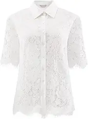 [Hobemty] Women's 2025 Lace Tops Mesh Sheer Fringe Hem Button Down Shirt