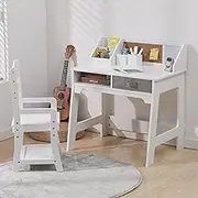 Kids Desk and Chair Set, Study Desk and Adjustable Chair Set with Hutch, Cork Board, Drawers, Pen Holders, Children Study TableSet, White