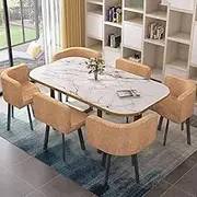 Modern 7 Piece Faux Marble Dining Set with Upholstered Chairs Kitchen Table and Chairs for Living Room Breakfast Nook or Dinette Rectangular Table (E 90x150cm)
