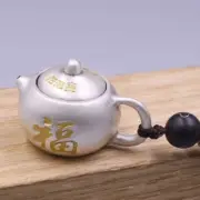 Pure S999 Fine Silver Men Women Enamel Fu Teapot Pendant 23-24g 30*22mm