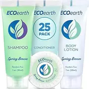 EcoEarth Sanitary Toiletries Bundle (Spring Breeze, 1 oz each, 100 Pieces) 4-Piece Set: 25 Round Bar Soap, 25 Shampoo, 25 Conditioner & 25 Body Lotion - Bulk Hotel Guest Amenities