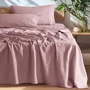 SONORO KATE 100% French Pure Linen Sheets, Breathable and Durable Line Sheets, Anti-Tear Line Bed Sheets, Machine Washable, 16 Inch Deep Pocket - 4 Piece (Embroidery Purple, California King)