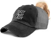 [Speedy Pros] Womens Ponytail Cap Crazy Goat Lady Embroidery Cotton Distressed Trucker Hats
