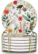 Deceram 6 Pcs Cute Flower Drink Coasters with Holder Modern Ceramic Absorbent Coasters Decorative Coffee Table Coaster Set Decor Bar Coasters Gift Cup Colorful Coasters Beautiful Floral Tea Coasters