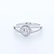 0.87 Carat D-VS2 Round Cut Natural Certified Diamonds 18k Gold Halo Accent Ring