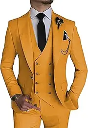[JEShifangjiusu] 3 Pieces Tuxedo Blazer for Men 1 Button Elegant Slim Fit Single Breasted for Prom Wedding Party Stylish Suit Dress Set Vest Pants, Yellow, XS