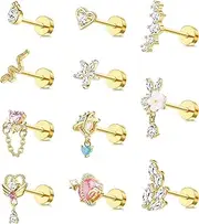 [Kakonia] 11PCS Cartilage Earrings for Women Men Stainless Steel Screwback Flat Back Earrings Heart Dangle Cartilage Earring Stud CZ Cartilage Helix Piercing Jewelry