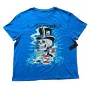 Ed Hardy Mens T-Shirt Skull Hat Rhinestone Capri Blue Size XXL 2XL NWT