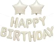 Cream White Happy Birthday Balloons Banner, 16 Inch Mylar Foil Letters with 2Pcs 18inch Star Foil Balloons for Men Adults Birthday Party Decorations