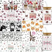 10 Sheets UV DTF Wrap Transfer for Cups, Pet Lover Wrap Transfer Decal for 16 oz Glass Cup, Dog Cat Stickers for 16 oz Water Bottles, Set of 10 Sheets Waterproof Cup Print
