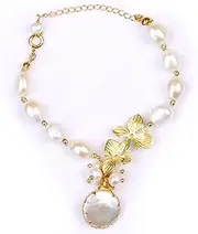 [ELESAXISG] 18K Gold Baroque Pearl Bracelet For Women Wedding Handmade Originals Trendy Casual Freshwater Pearls Bracelet For Girls Gift Dainty Engaged Comfy Bridesmaid Hanging Jewelry, One Size,