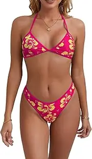 [LKAIIN] Cheeky Thong Bikini Set for Women V Neck Color Block Halter Triangle Bikini Two Piece Swimsuit