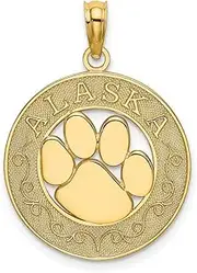 [JewelryWeb] 14ct Gold Alaska Round Frame With Bear Paw In Center Charm Pendant Necklace 18.7x18.7mm Wide 1.2mm Thick