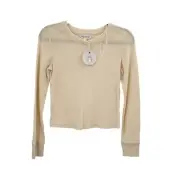 Pink Rose Cropped Thermal henley Top Womens Medium Cream Button Neck Long Sleeve