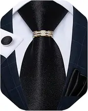 [DiBanGu] Mens Tie Set Silk Necktie and Gold Tie Ring Pocket Square Cufflinks Formal Business Wedding Ties with Gift Box, Black