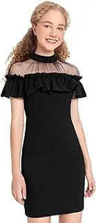 [WDIRARA] Girl's Mesh Ruffle Trim Short Sleeve Mock Neck Bodycon Short Dress