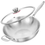 Tri-Ply 13 Inch Stainless Steel Wok Pan with Lid, Stir-Frying Pan,Induction C...