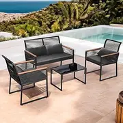 Groverdi 4PCS Wicker Outdoor Furniture Set, 2-Seater Patio Loveseat Rattan Outdoor Dining Chairs Coffee Table Set with Curved Backrest, Removable Cushions & Steel Frame for Backyard, Black