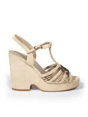 Beige Suede Interlocking CC Strap Wedge Sandals