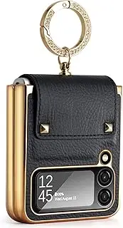 XIMAND for Samsung Galaxy Z Flip 3 5G with Luxury Sparkle Ring and Black Soft Leather,Golden Bumper Shockproof Protector,Great for Women Ladys Grils