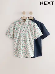 Ecru Hawaiian Print/ Navy Regular Fit Cotton Blend Short Sleeve Shirts 2 Pack (AD4139) | $109