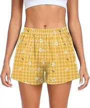 [FRODOTGV] Yellow Flowers Checkeds Athletic Shorts for Women Ouick Dry Swim Shorts for Soccer Teenis Exercise Indoor S, Yellow Flowers Checkeds, Small