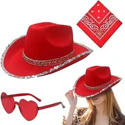 [Generic] Fashionable Bling Cowgirl Hat - Sequin Cowboy Hat, Cowboy Hat Set | Cowgirl Costume For Women, Bling With Heart Glasses Bandana, Carnival Dress Up Supplies, Pack For Parties, Sequin