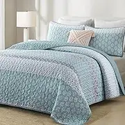 Cottolester Aqua Quilt Set King Size Boho Striped Bedspread Lightweight Soft Microfiber Bedding Set 110"x90" (3 Pieces)