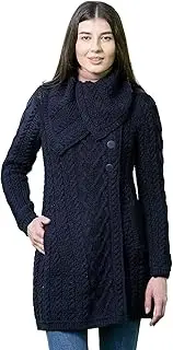 [SAOL] 100% Merino Wool Women Classic Cable Knit Cardigan Irish Coat with Pockets