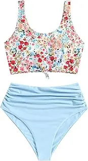 [ZAFUL] Women's Scoop Neck Tropical Leaf Knotted Two Pieces Tankini Set Swimsuit, 1-light Blue, S