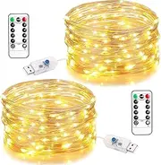 Fairy Lights for Bedroom, [2 Pack] 100 LED Lights W/ 8 Mode USB Powered, Twinkle Icicle Festoon String Lights W/Remote & Timer for Indoor Xmas Party Wall Wedding Home décor Products(Warm White)