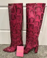 Paris Texas Python Embossed PINK Snake Print Knee High Boot Block Heel Size 39￼