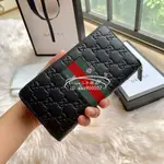 精品二手 GUCCI 古馳 長夾 經典GG 408831 黑色壓紋LOGO 帆布綠紅綠 拉鍊長夾 現貨免運