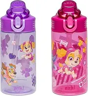 Zak Designs Sage PAW Patrol Kids Water Bottle For School or Travel, 16oz Durable Plastic Water Bottle With Straw, Handle, and Leak-Proof, Pop-Up Spout Cover, 2-Pack Set (Skye & Friends)