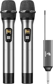 TONOR Wireless Microphone, UHF Dual Cordless Metal Dynamic Mic System with Rechargeable Receiver, for Karaoke Singing, Wedding, DJ, Party, Speech, Church, Class Use, 200ft (TW630), Gray