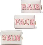 Preppy Patch Makeup Set of 3, Travel Cosmetic Bag, Chenille Letter Nylon PU Leather Waterproof Toiletry Organizer for Women, Girls