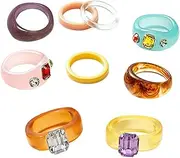 [SEVENSTONE] 9Pcs Resin Retro Acrylic Colorful Chunky Ring Cute Trendy Colorful Rhinestone Y2k Jewelry Plastic Resin Square Gem Stackable Chunky Rings for Women Set
