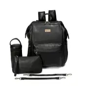 ELF PHOENIX Nappy Bag Backpack Faux Leather Black 5pcs Diaper Baby Mummy Gift