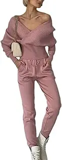 [Generic] Women's Off-Shoulder Knitted 2 Piece Set Long Sleeve Tracksuit Fitted Sweater Pants Suits Jogging Suits Lounge Sets