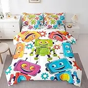 Twin Size 7 Pcs Colorful Robots Bedding Set for Kids,Funny Intelligent Machine Bed Sheet,Cartoon Sci-Fi Robot Reversible Printed Quilt Set+Flat Sheet+Fitted Sheet+2 Pillowcases+2 Throw Pillow Covers